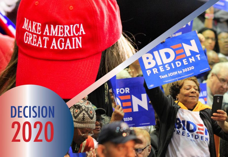 At left, Trump supporters fill the seats of Target Center in Minneapolis, MN, for President Donald Trumps 2020 presidential campaign rally on October 10, 2019. Photo by Nikolas Liepins. 
At right, Biden supporters listen to Congressman Bobby Scott speak at a rally for the Democratic candidate on March 3, 2020 in Norfolk, Virginia at Booker T. Washington High School. Photo by Carter Marks, Royals Media. 

