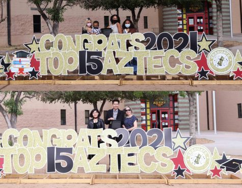 Amaya Flores and Roussel Acosta pose with their families at the Top 15 Drive-Thru Celebration at El Dorado High School on April 28, 2021. Flores and Roussel were both matched to Columbia University through the QuestBridge scholarship program for full rides to the prestigious university. 