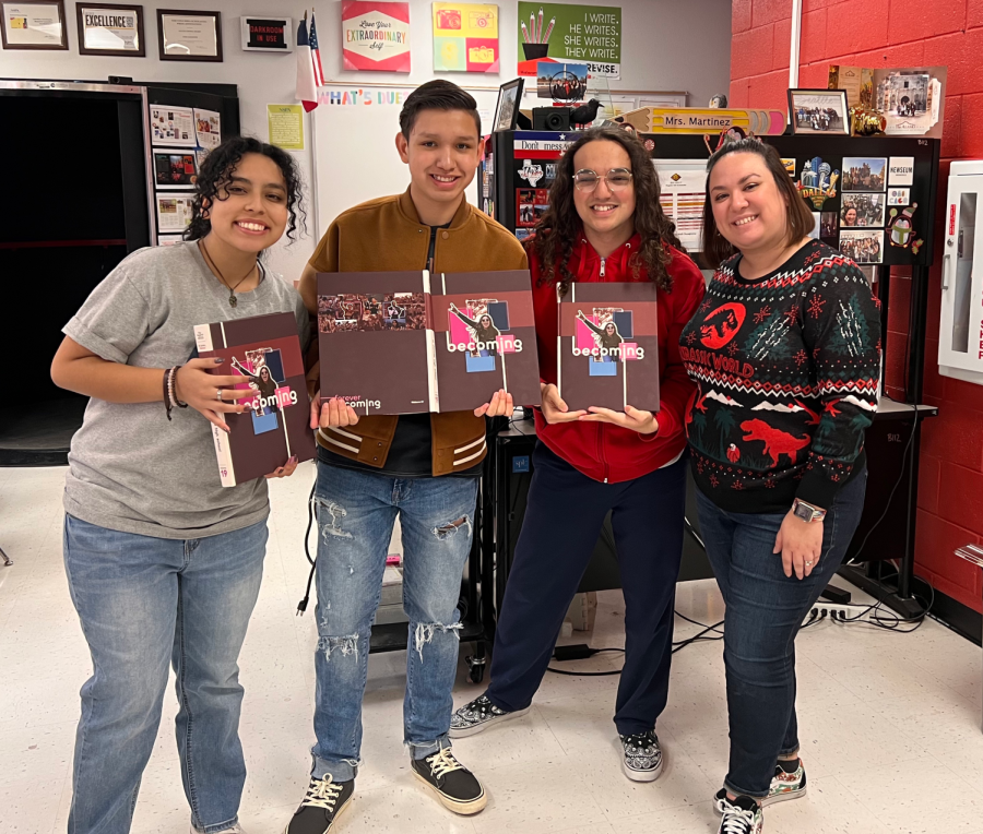 Editors+Kiana+Sanchez%2C+Diego+Cruz-Castruita%2C+Brenden+Malacara+and+Adviser+Vanessa+Martinez+celebrate+the+Pacemaker+nomination+on+Dec+16.+Sanchez%2C+Cruz-Castruita+and+Malacara+are+the+three+editors+that+carried+on+from+last+years+staff%2C+with+most+of+the+editors+graduating.