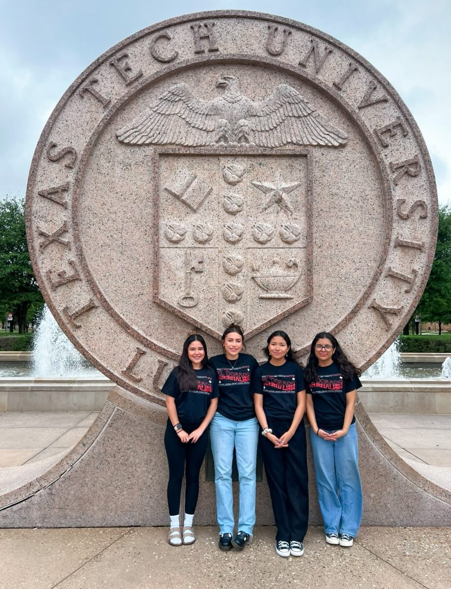 Raider Smiles. Smiling brightly at the camera, juniors Iratze Rede, Aliana Acuna, Miley Pinon and Frida Estrada take a picture at Texas Tech University after competing in the UIL regional competition. Cramming last-minute practices between the competitions, the girls prepared more than ever. “I loved being surrounded by my favorite people,” Acuna said. “I honestly felt a mix of emotions because I felt confident in some of my responses but I am so happy I accomplished one of my biggest goals.” 